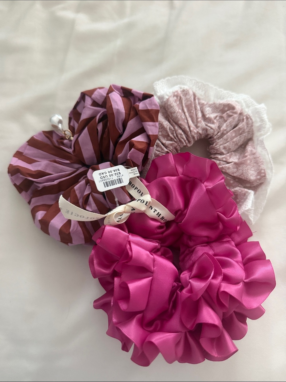 Anthropologie Fuchsia Satin & Pink Patterned Scrunchie Trio